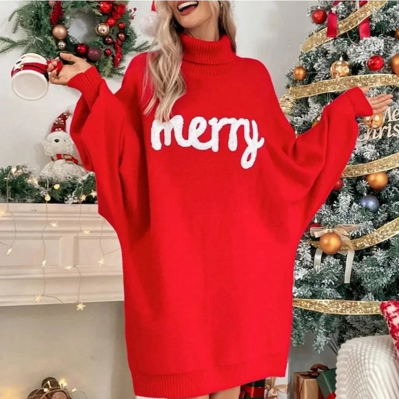 Red Casual Womens Letter Pattern Turtleneck Batwing Sleeve Sweater Dress - Picture 5 of 5